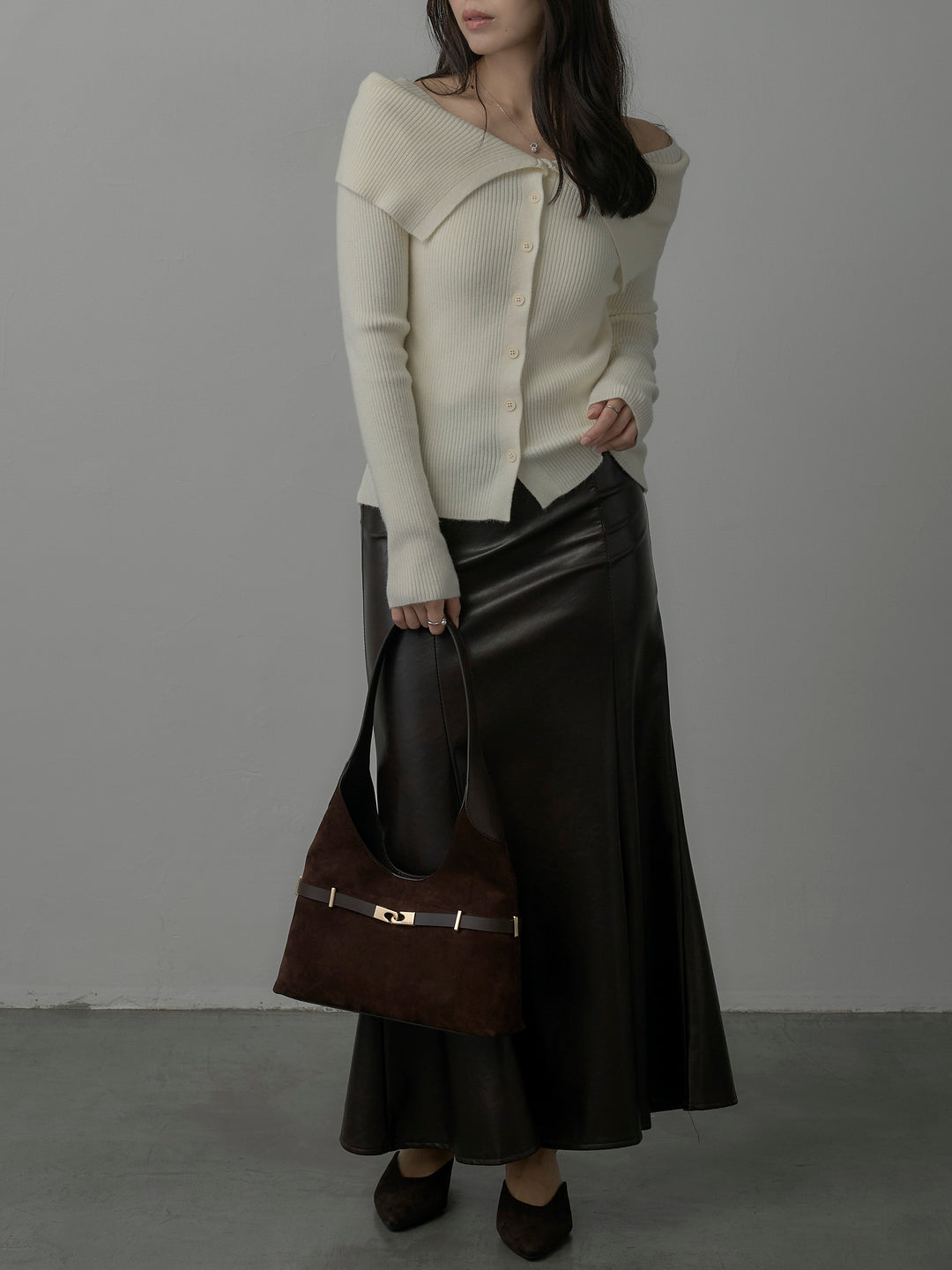 【SET】オフショルライクリブニットトップス+レザーマーメイドスカート(2set)