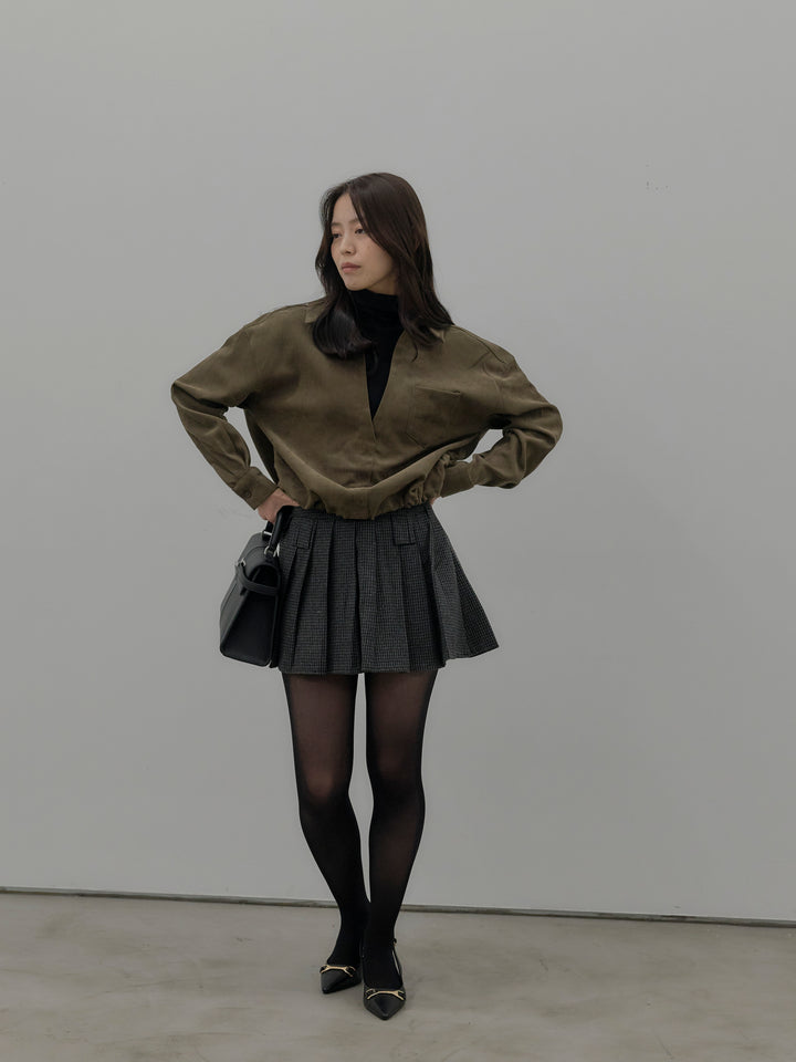 【SET】ドッキングデザイン裾ドロストスエードシャツ+ハウンドトゥースプリーツミニスカート(2set)
