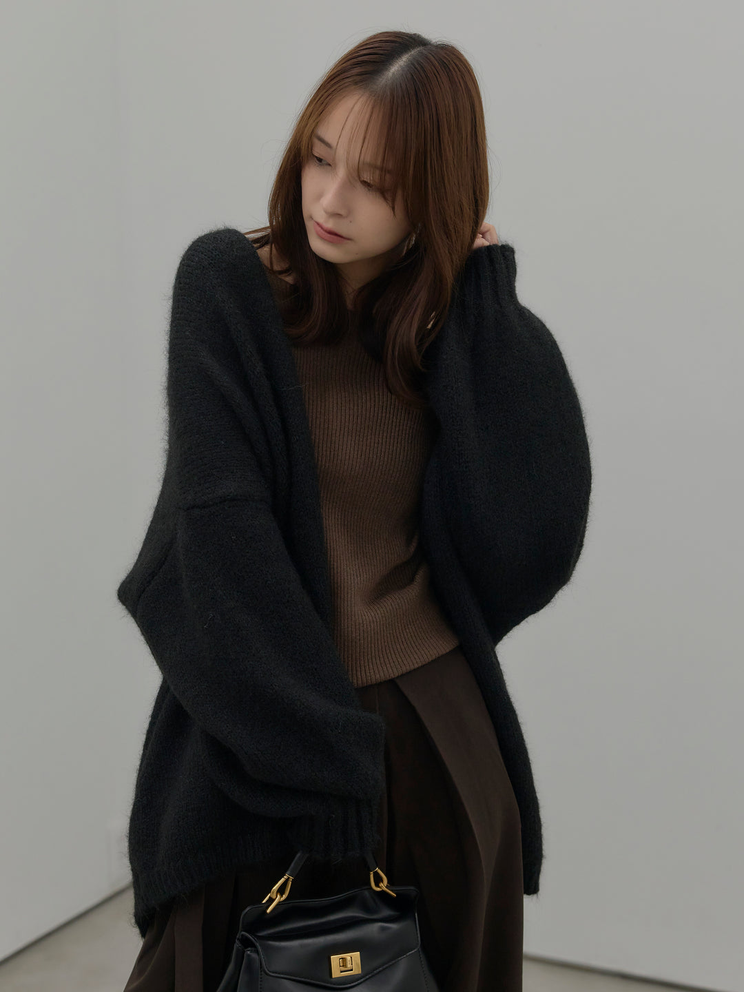 【SET】モヘアライクオーバーニットカーディガン+ウエストリボンワイドパンツ(2set)