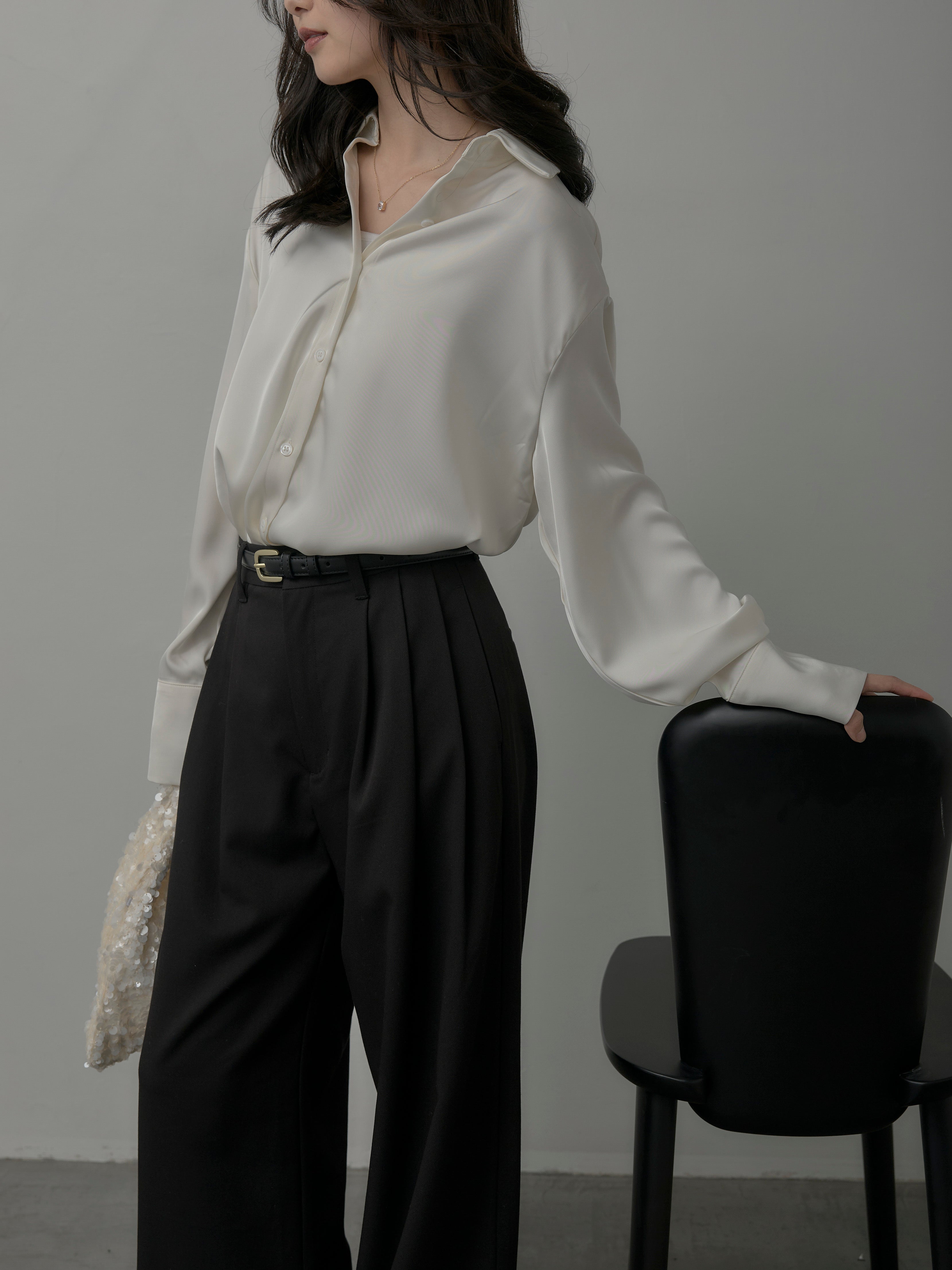 SET】ケープ付きオーバーサテンシャツ+【Essential】3タック