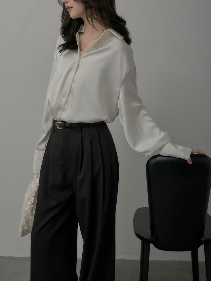 【SET】ケープ付きオーバーサテンシャツ+【Essential】３タックスラックス(2set)