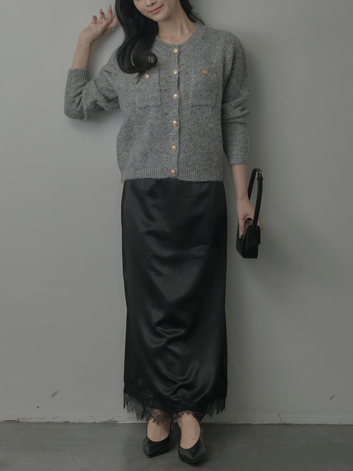 【SET】MIXニットゴールドボタンニットカーディガン+裾レースサテンスカート(2set)
