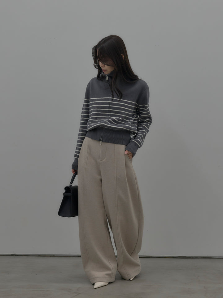 【SET】ダブルZIPハイネックボーダーニットトップス+裏起毛センターシームタックワイドパンツ(2set)