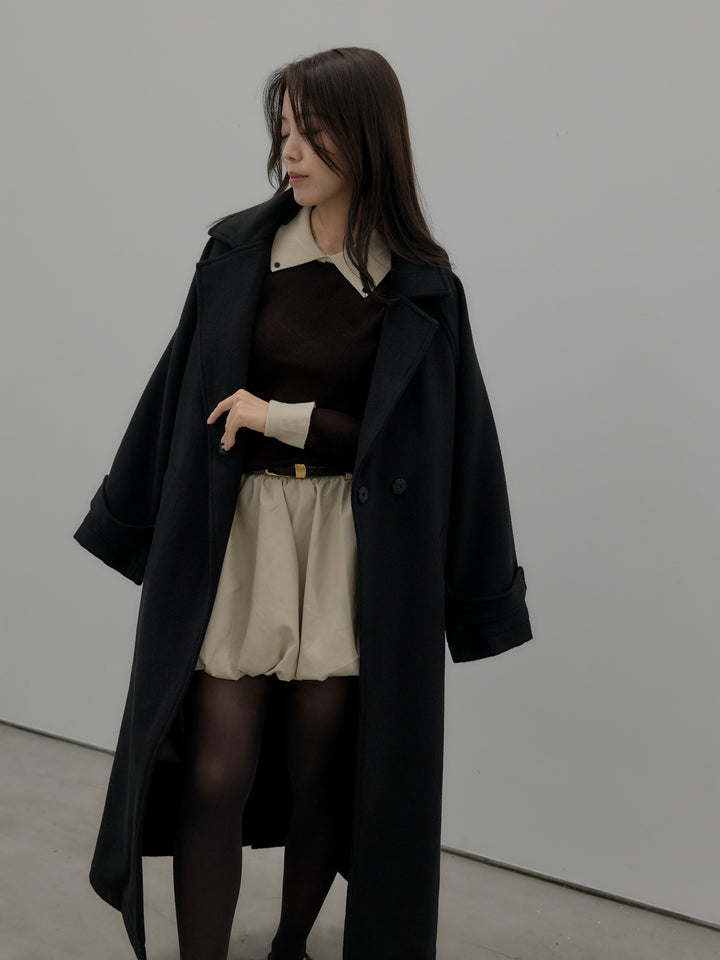 【SET】配色カフスニットポロ+ソフトレザーバルーンミニスカート(2set)