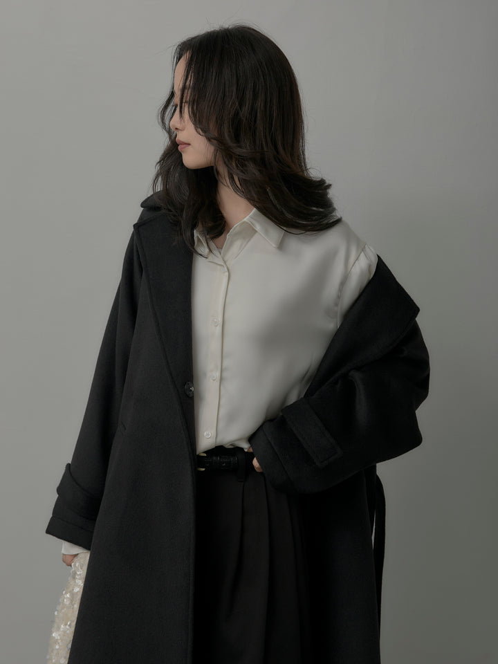 【SET】【Essential】ソフトウールリバートレンチコート+ケープ付きオーバーサテンシャツ+【Essential】３タックスラックス(3set)