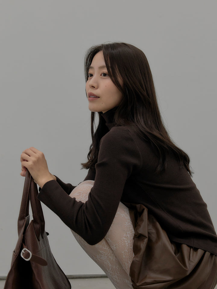 【SET】ベーシックリブタートルネック+ソフトレザーバルーンミニスカート(2set)