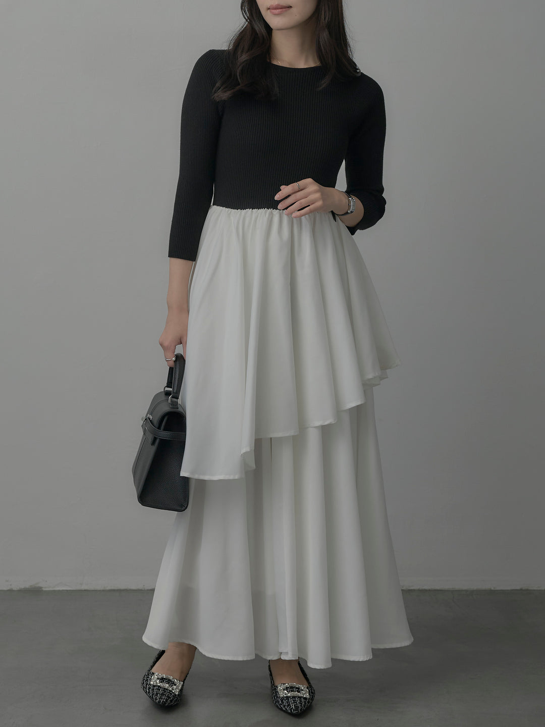 【Essential】7部袖リブドッキングワンピース