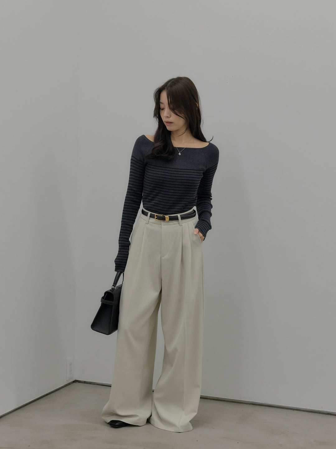 【SET】ハーフボーダーニットトップス+デザインタックワイドパンツ(2set)