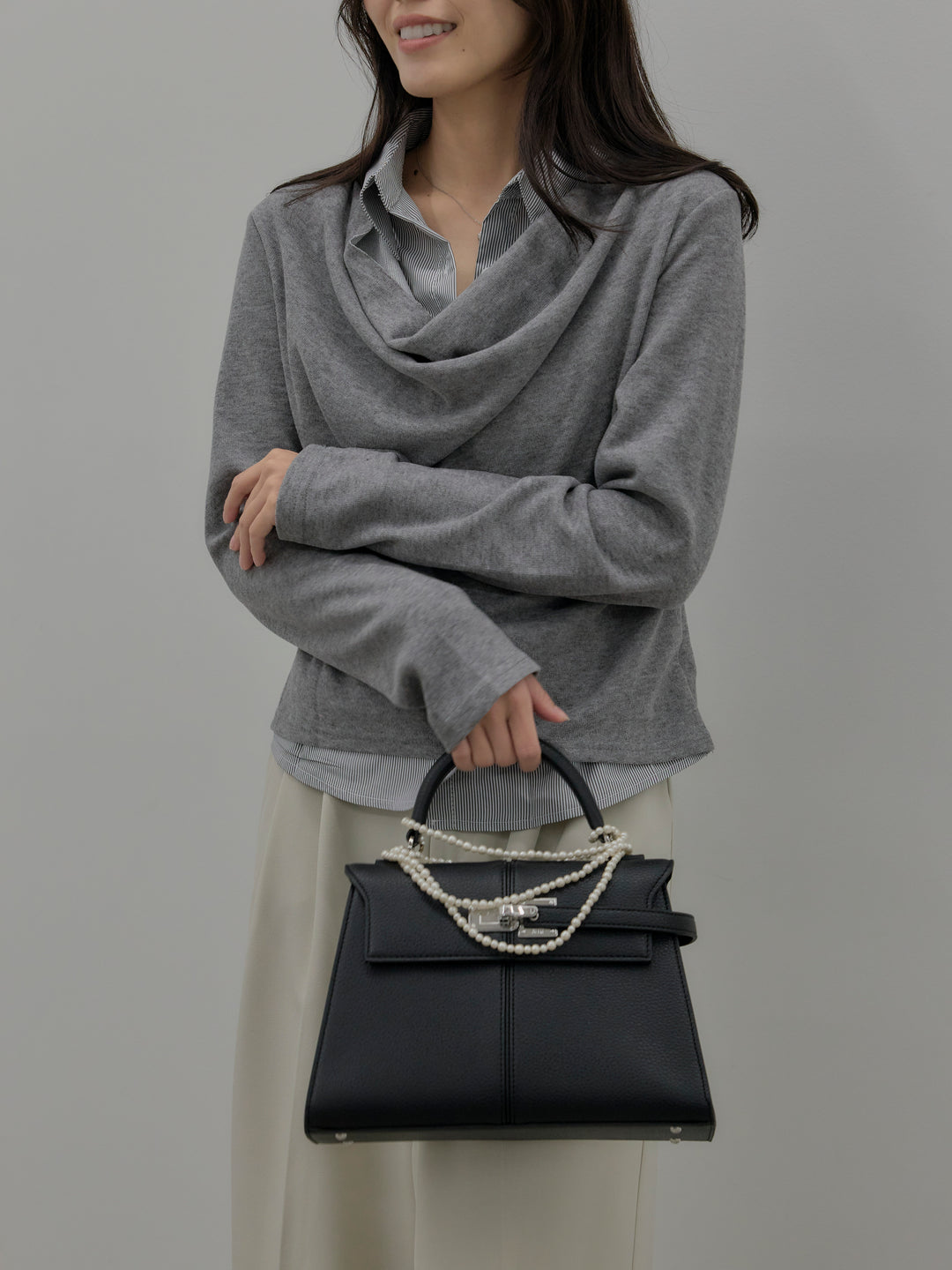 【SET】シャツレイヤードドレープニットトップス+デザインタックワイドパンツ(2set)