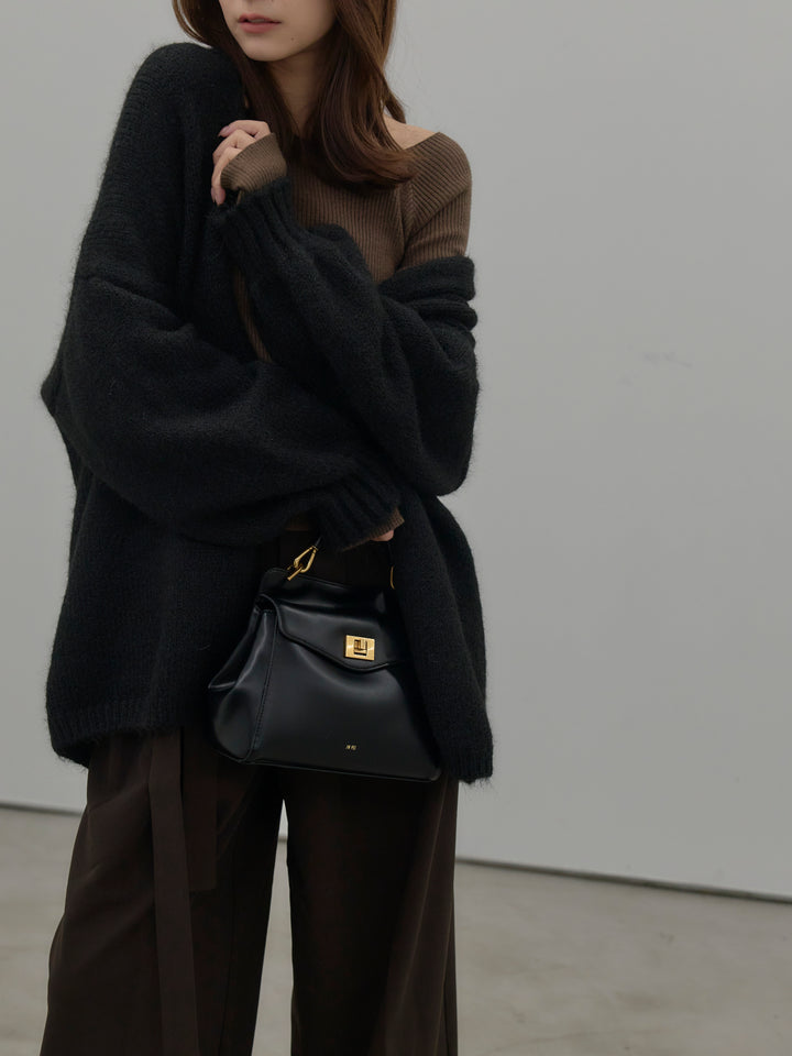 【SET】モヘアライクオーバーニットカーディガン+ウエストリボンワイドパンツ(2set)