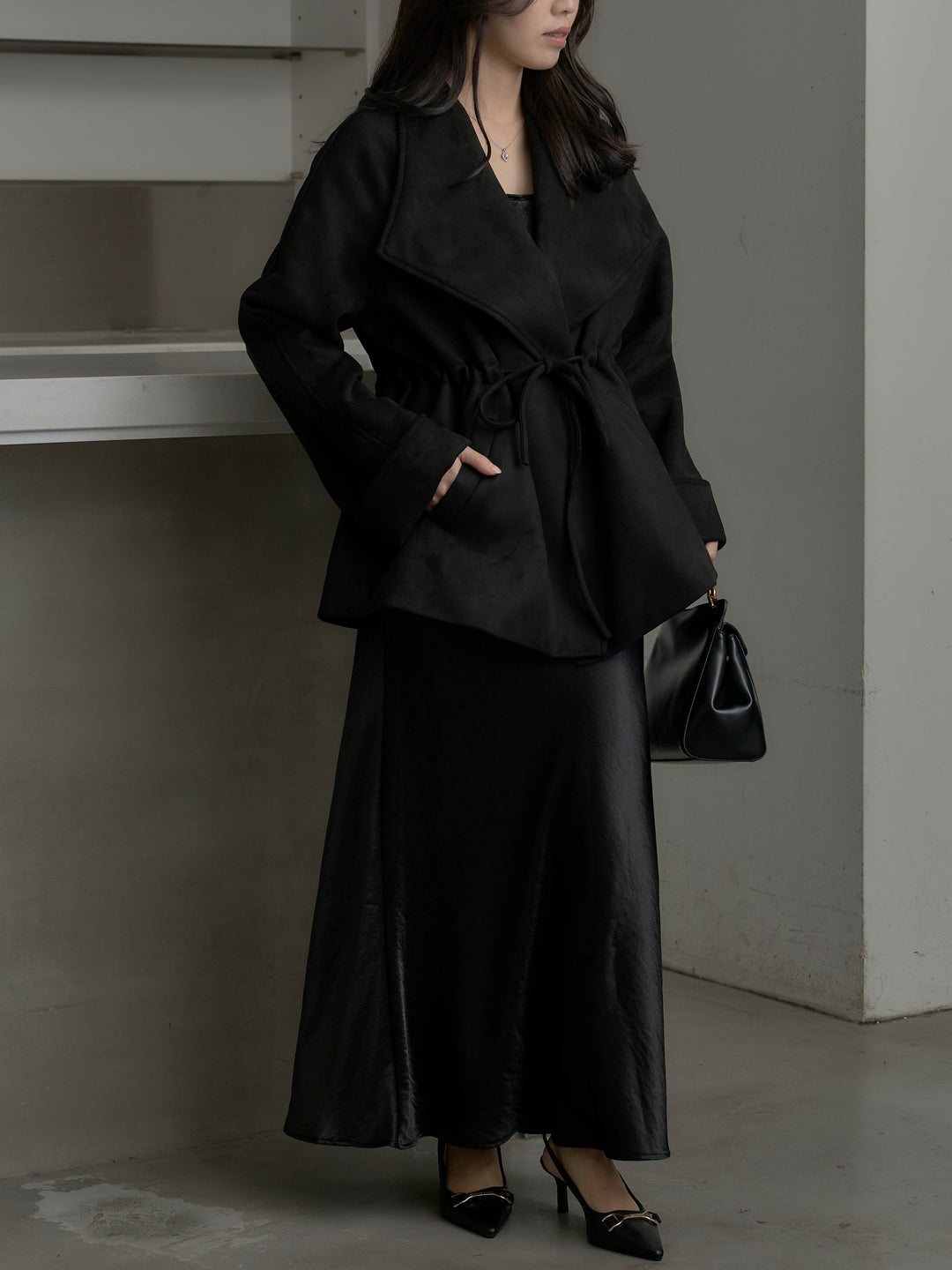 【SET】BIGカラースウェードジャケット+ナローAラインサテンスカート(2set)