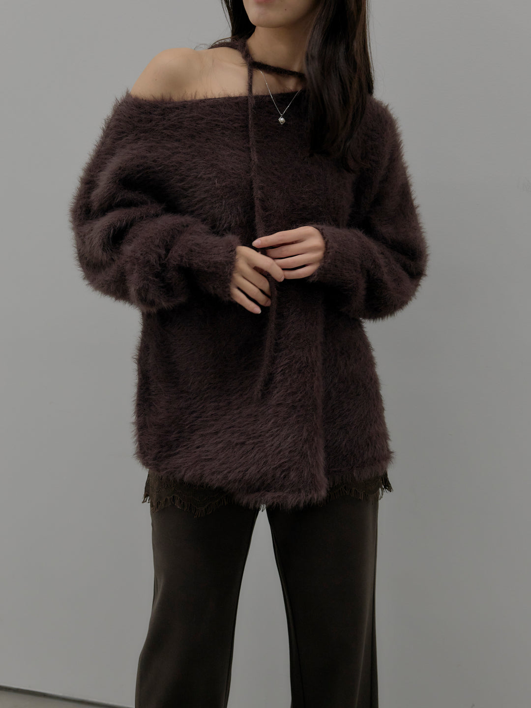 【SET】ネックリボンワンショルダーシャギーニット+レースレイヤードセミフレアパンツ(2set)