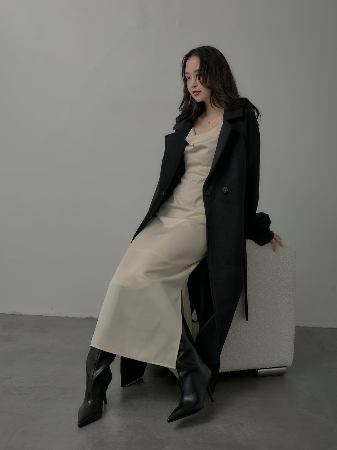 【SET】【Essential】ソフトウールリバートレンチコート+【Essential】サテンドレープキャミワンピ(2set)