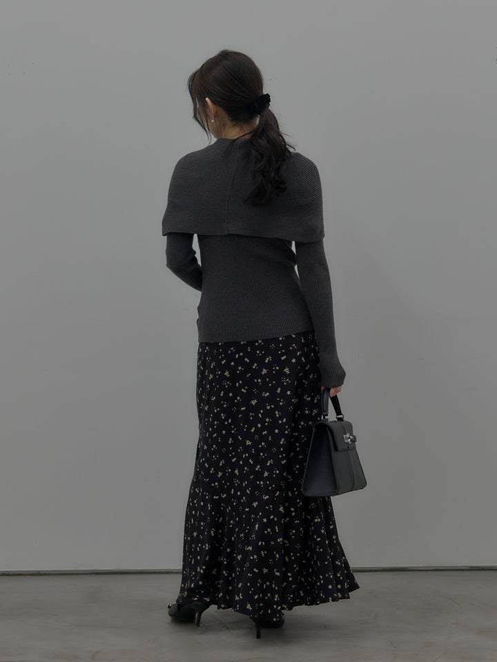 【SET】ケープライクデザインリブニットトップス+フラワーパターンマーメイドフレアスカート(2set)