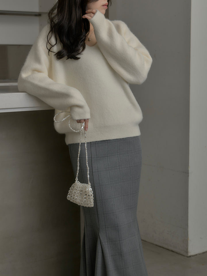 【SET】モヘアタッチVネックニットプルオーバー+【Essential】チェック柄マーメイドスカート(2set)