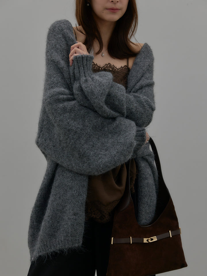 【SET】モヘアライクオーバーニットカーディガン+レースサテンキャミソール(2set)