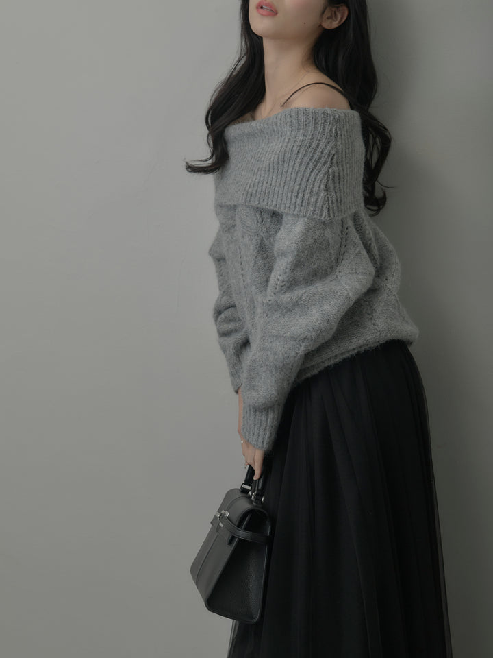 【SET】メランジニットオフショルトップス+ボリュームチュールスカート(2set)