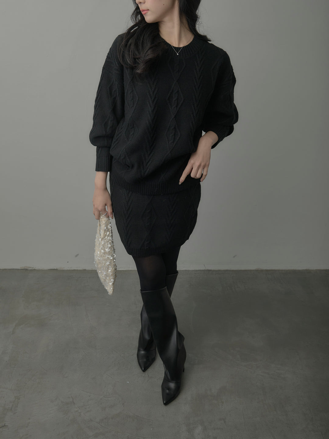 デザイン編みニットトップス&ミニスカート SET UP