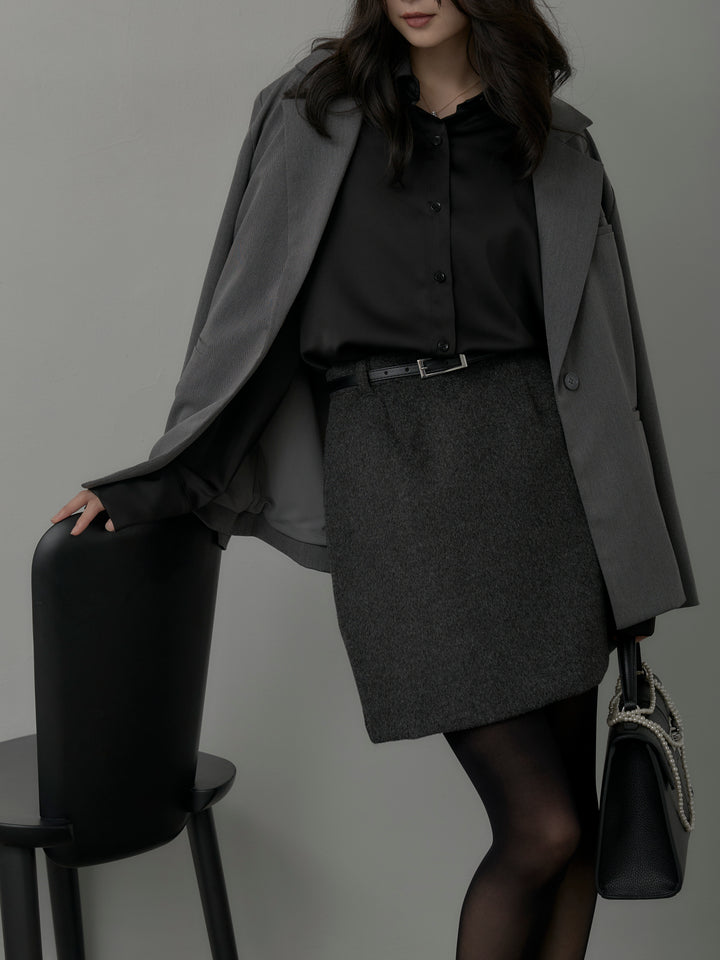 【SET】【Essential】ボックスシルエットテーラードジャケット+ケープ付きオーバーサテンシャツ+【Essential】ウールタッチミニスカート(3set)