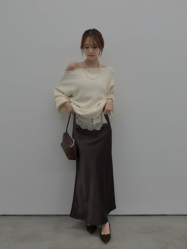 【SET】【premium touch】2wayショルダーニットプルオーバー+ナローAラインサテンスカート(2set)