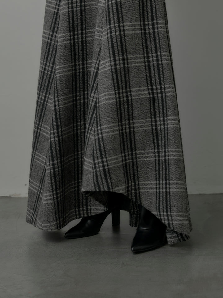 【SET】Vネックフリルデザインニットトップス+【Essential】クラシカルチェックウールタッチスカート(2set)