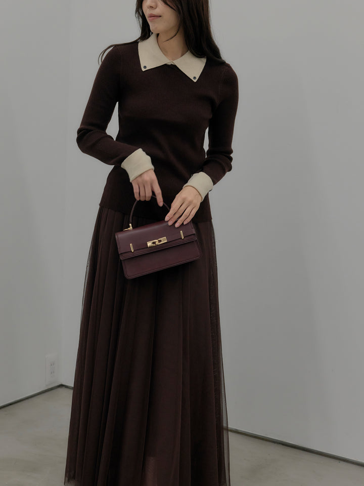 【SET】配色カフスニットポロ+ボリュームチュールスカート(2set)