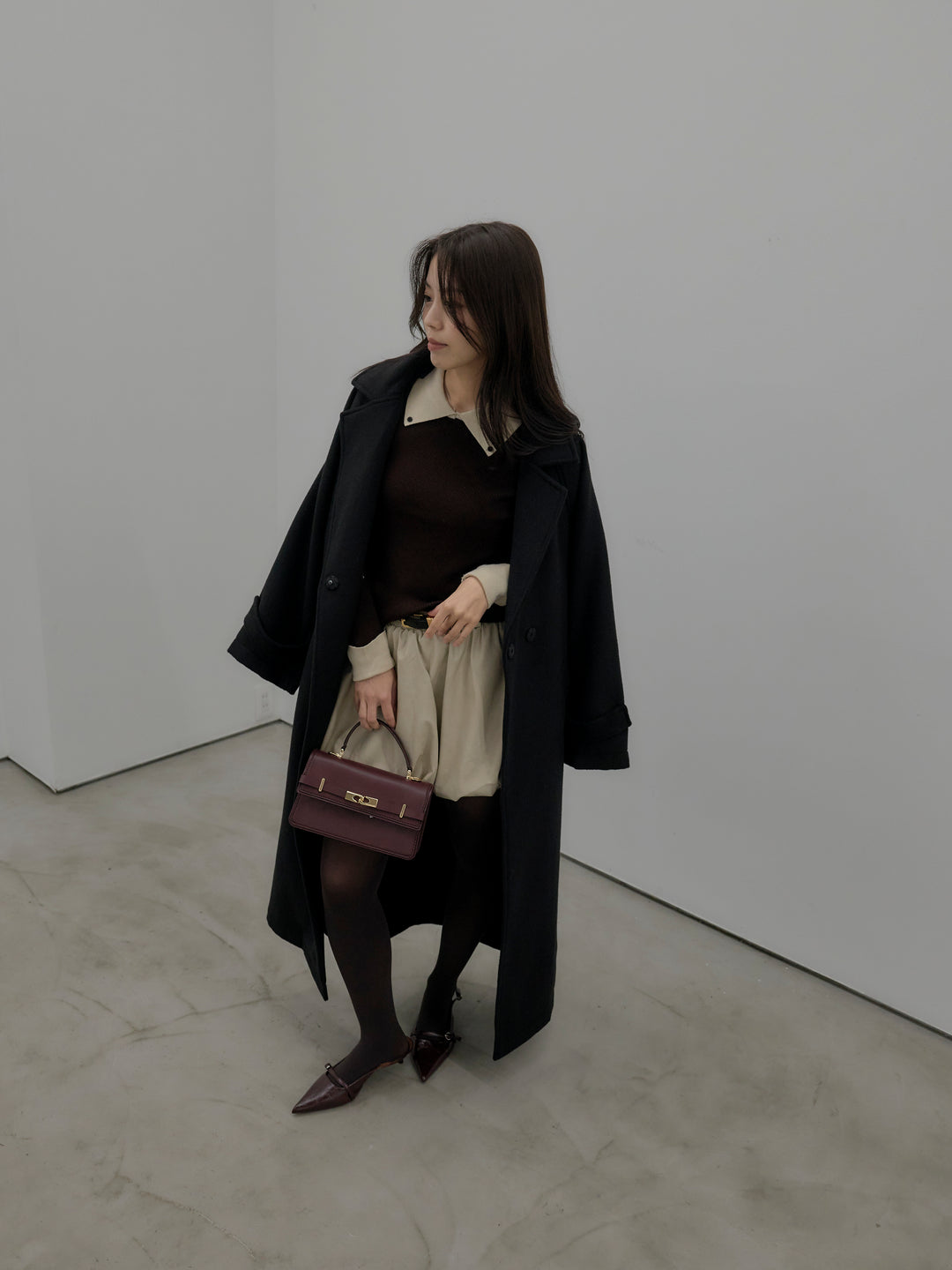 【SET】配色カフスニットポロ+ソフトレザーバルーンミニスカート(2set)