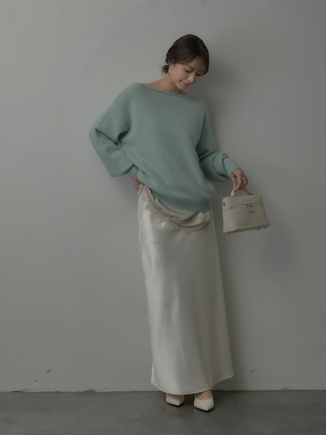 【SET】【premium touch】2wayショルダーニットプルオーバー+レースサテンキャミソール+ナローAラインサテンスカート(3set)