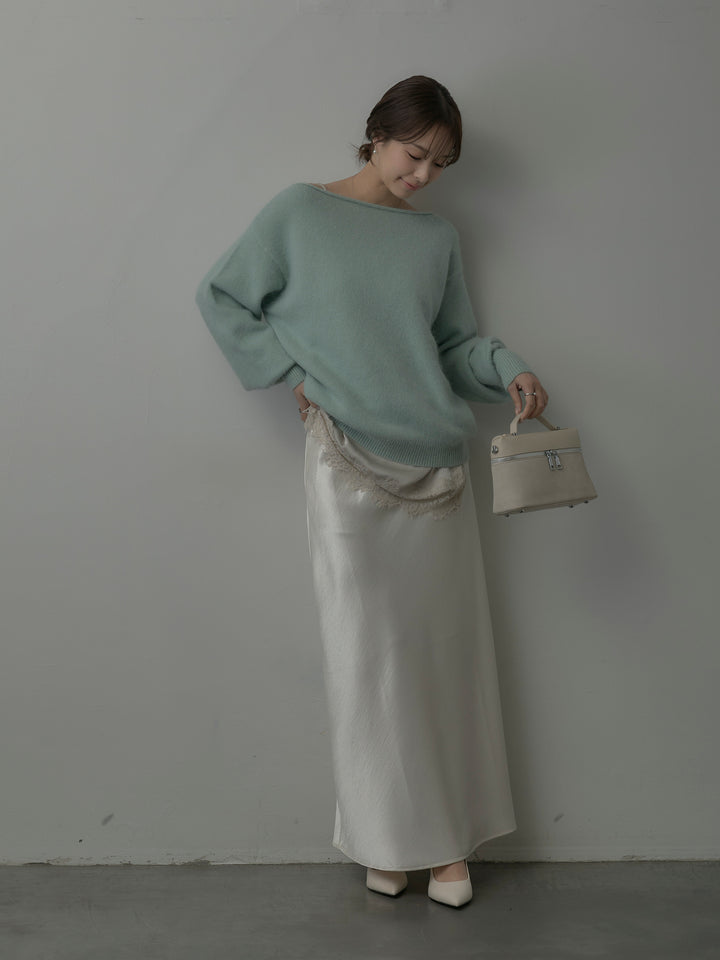 【SET】【premium touch】2wayショルダーニットプルオーバー+レースサテンキャミソール+ナローAラインサテンスカート(3set)