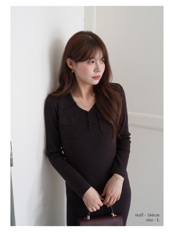 【Essential】Rib knit pocket design one piece