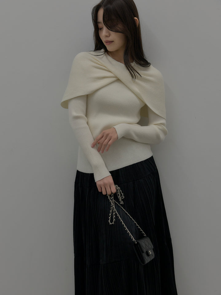 ケープライクデザインリブニットトップス