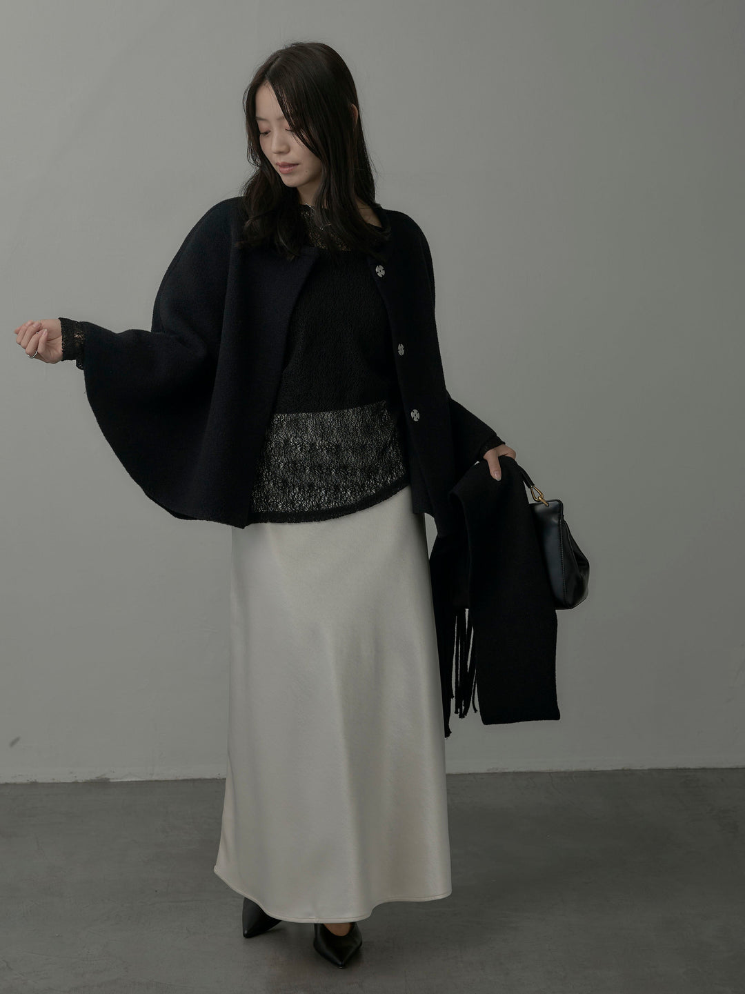 【SET】マフラー付き2WAYケープコート+【インナー付き】シアーレーストップス+ヘビーサテンAラインスカート(3set)