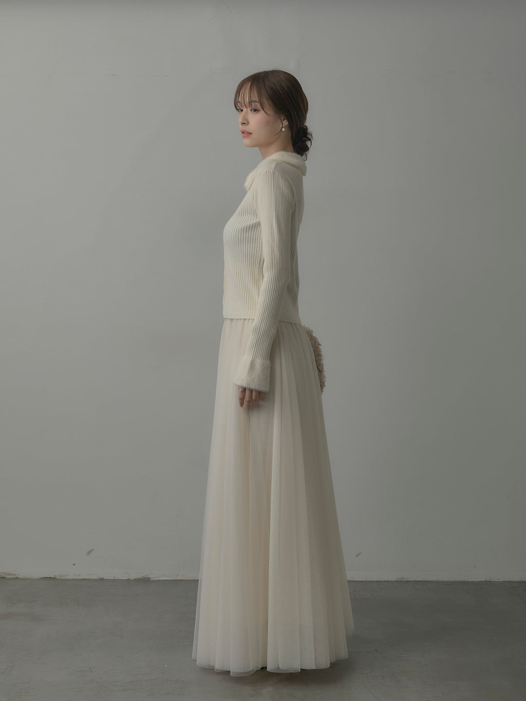 シャギー襟リブニットポロトップス