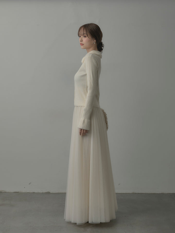 シャギー襟リブニットポロトップス