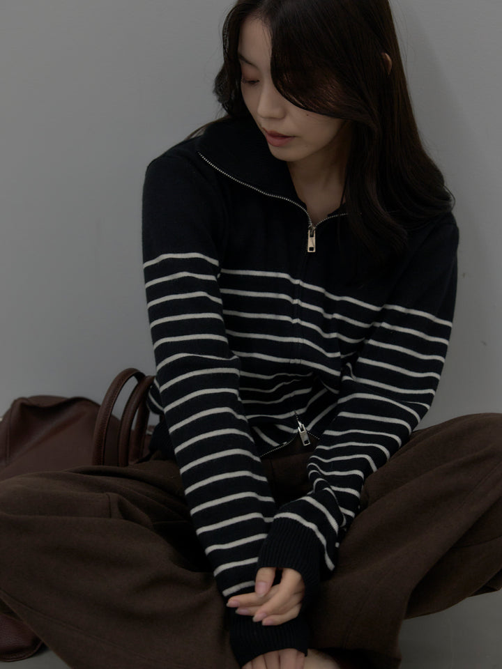 ダブルZIPハイネックボーダーニットトップス