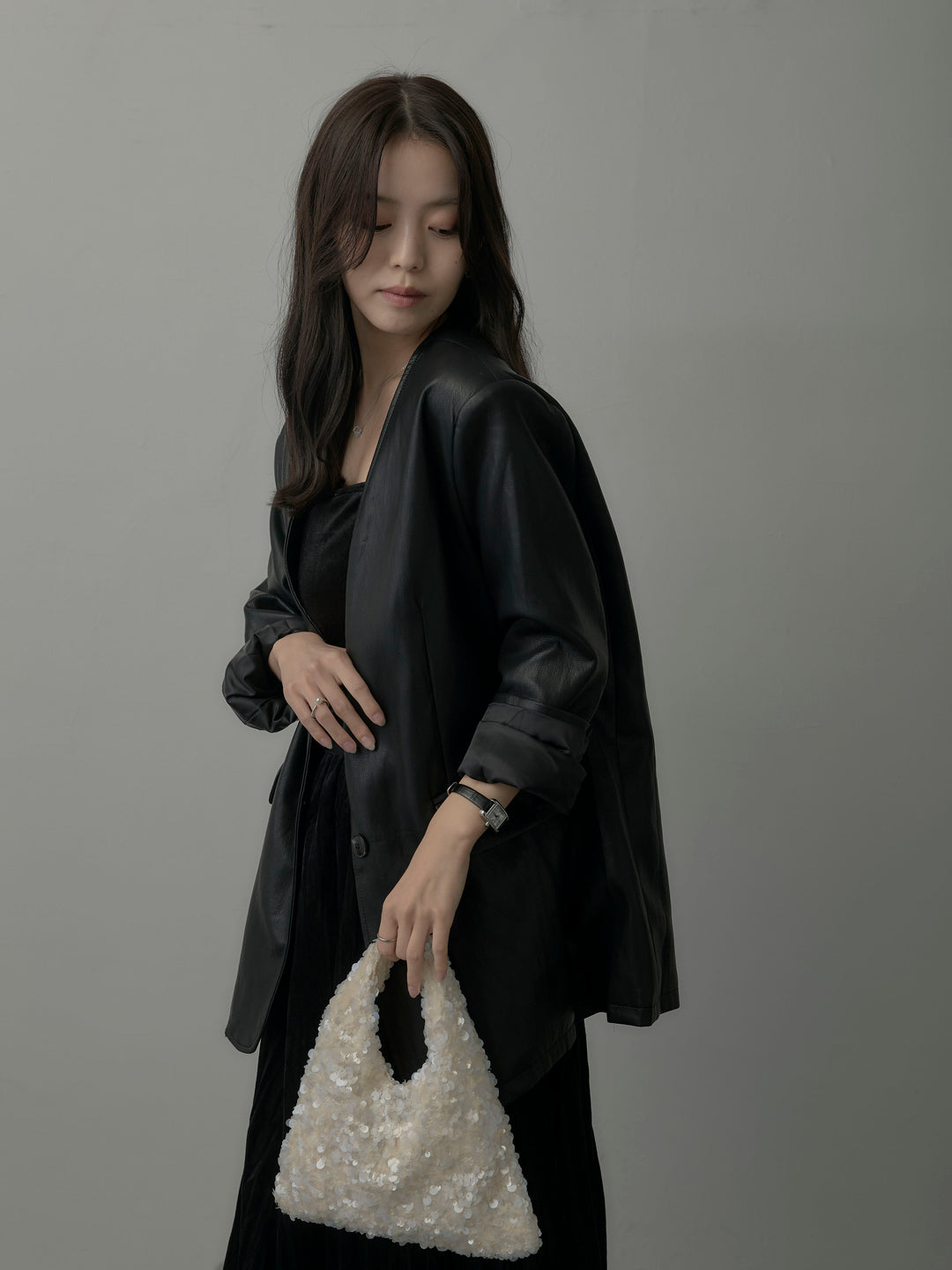 【SET】レザーノーカラージャケット+ベロアワッシャープリーツスカート(2set)