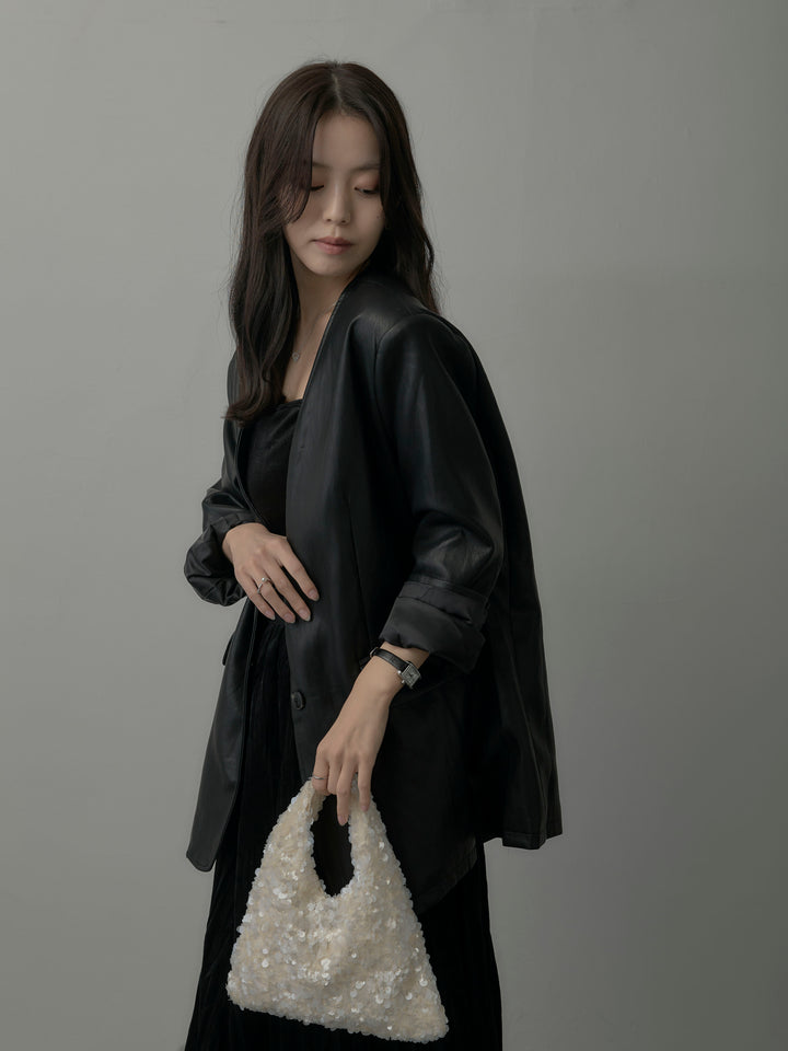 【SET】レザーノーカラージャケット+ベロアワッシャープリーツスカート(2set)