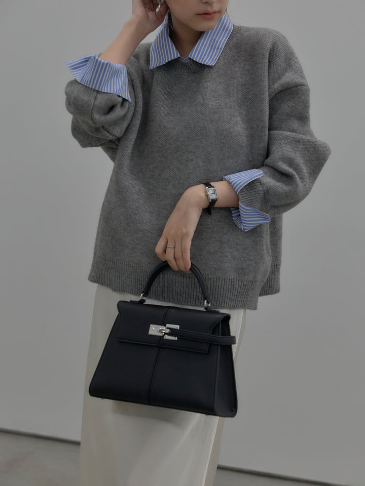 【SET】シャツドッキング肉厚ニットプルオーバー+ナローAラインサテンスカート(2set)