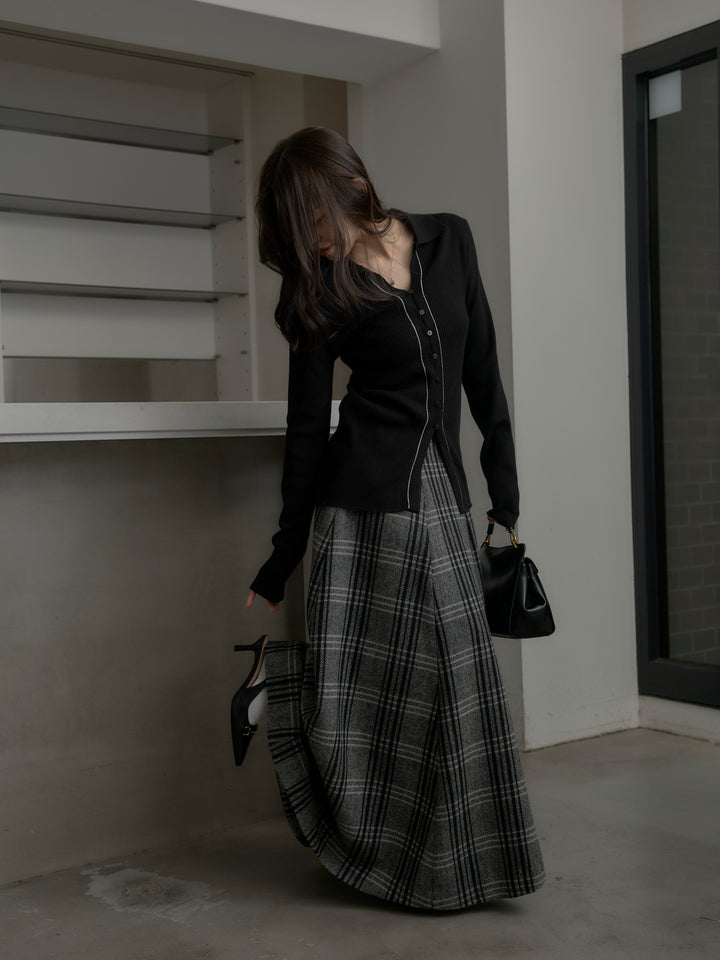 【SET】リブ配色ラインポロニットカーディガン+【Essential】クラシカルチェックウールタッチスカート(2set)