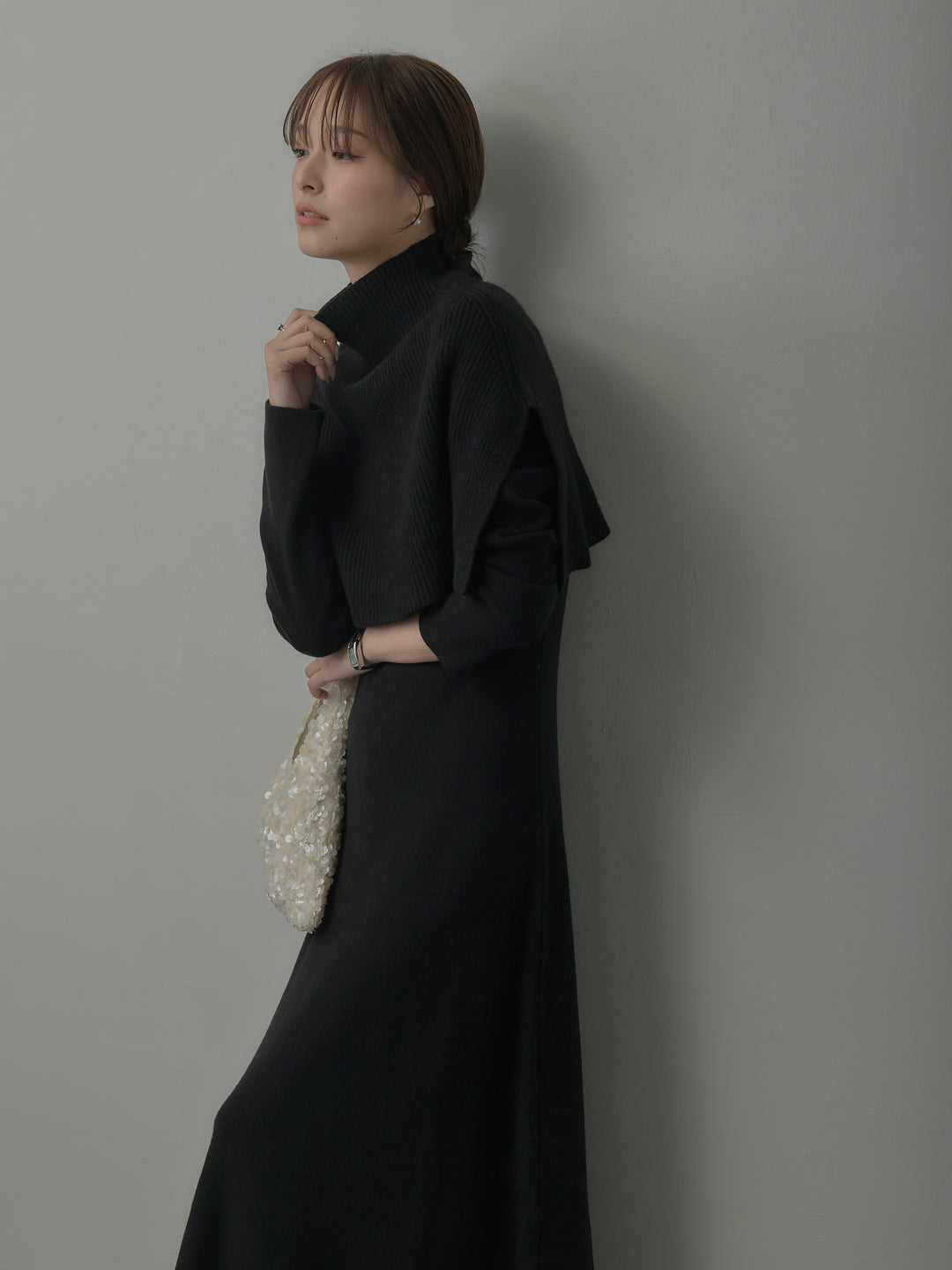 ケープ付きリブニットロングワンピース