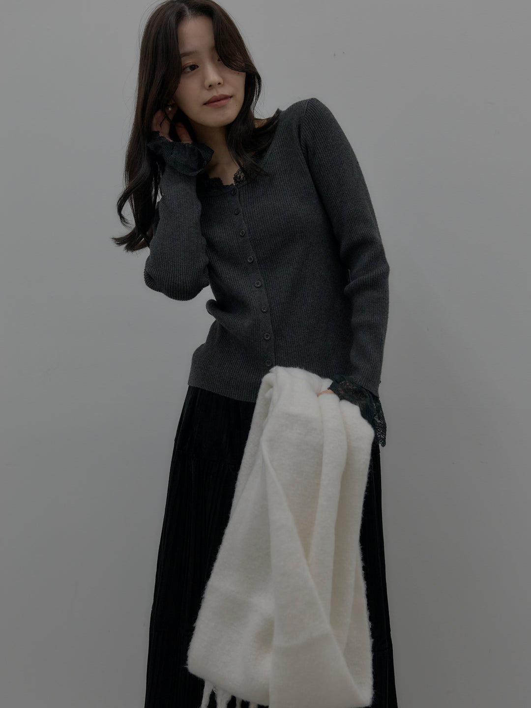 【SET】レースドッキングリブニットトップス+ベロアプリーツティアードスカート(2set)