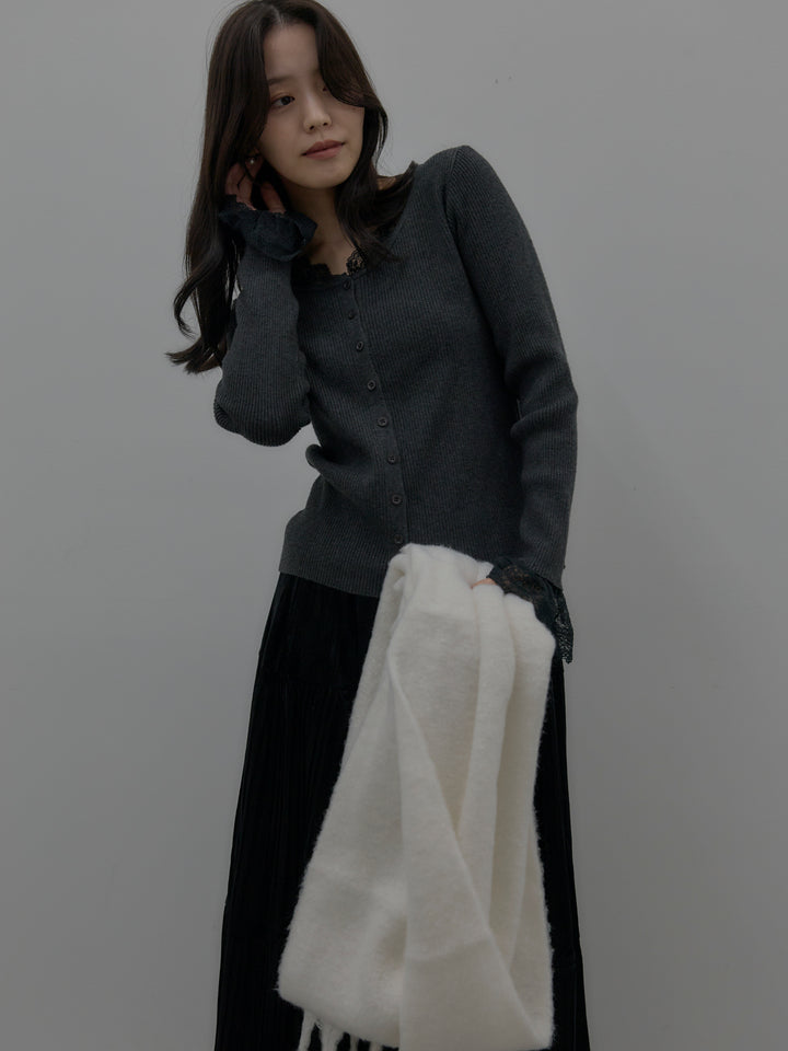 【SET】レースドッキングリブニットトップス+ベロアプリーツティアードスカート(2set)