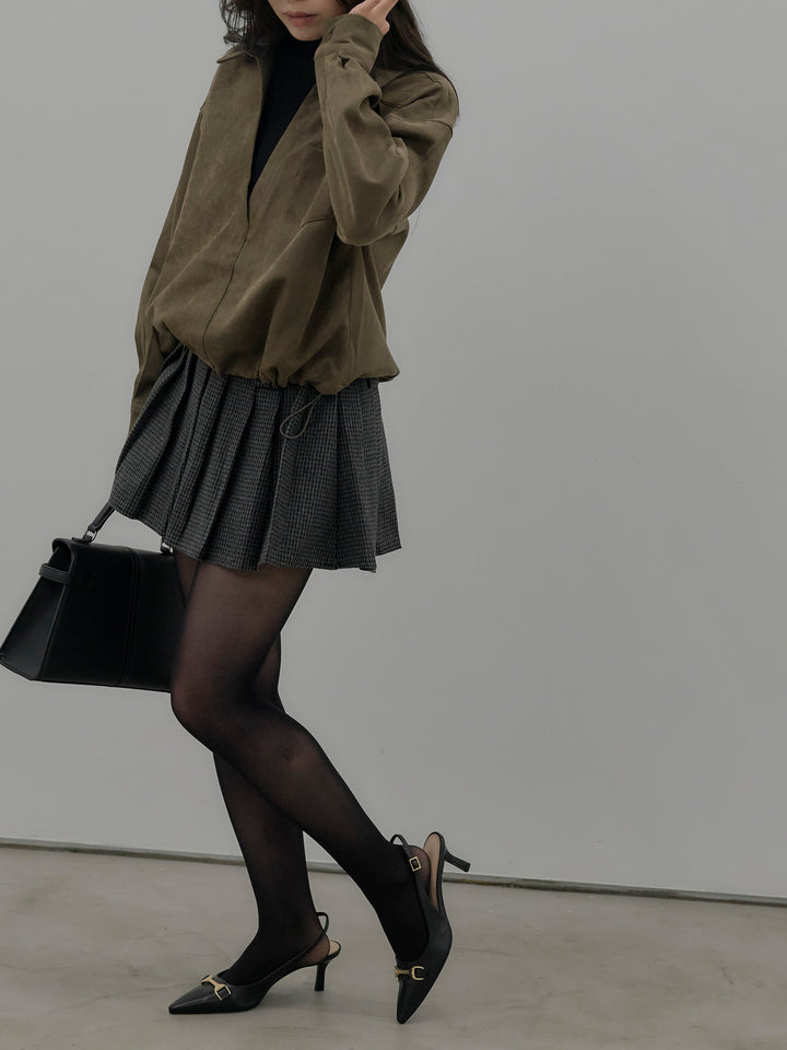 【SET】ドッキングデザイン裾ドロストスエードシャツ+ハウンドトゥースプリーツミニスカート(2set)