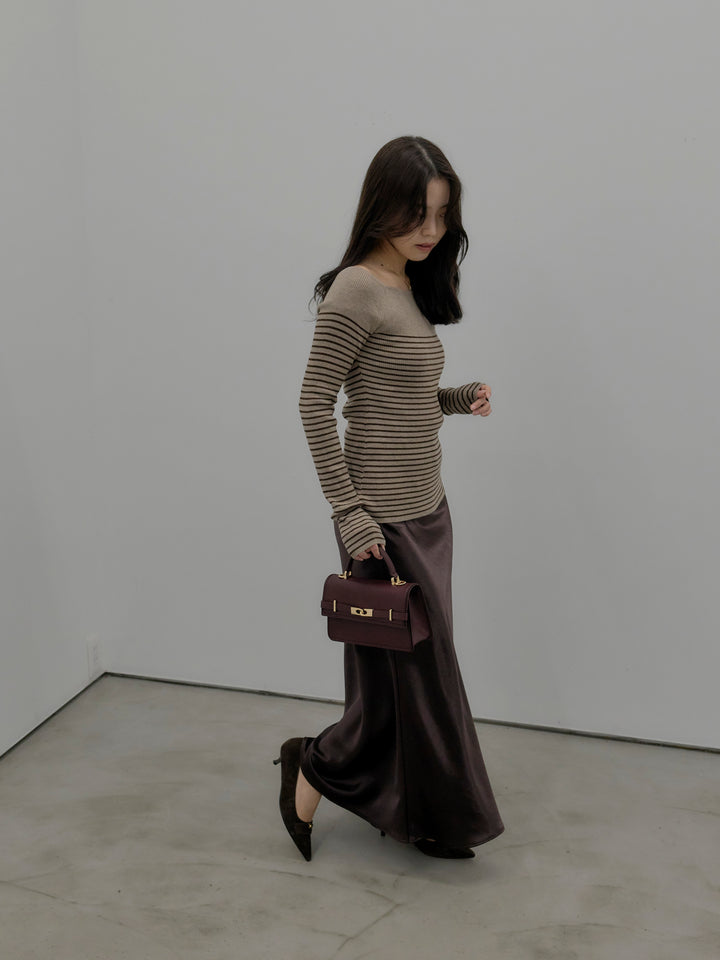 【SET】ハーフボーダーニットトップス+ナローAラインサテンスカート(2set)