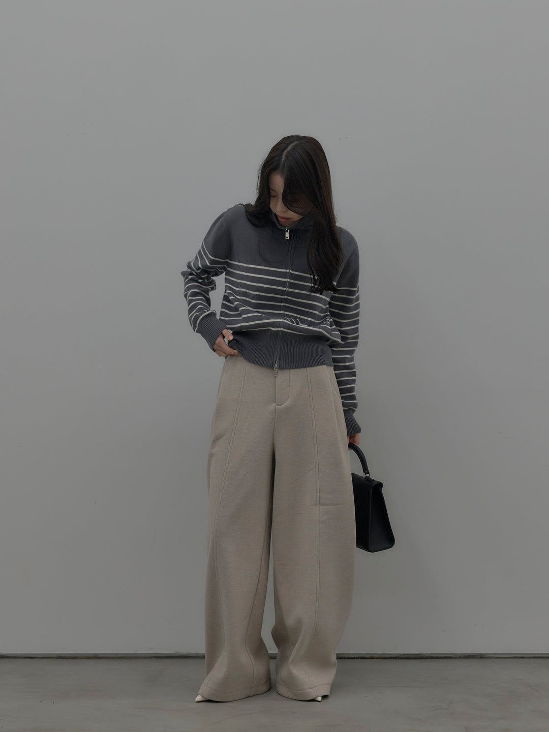 【SET】比翼仕立てサテンシャツ+裏起毛センターシームタックワイドパンツ(2set)