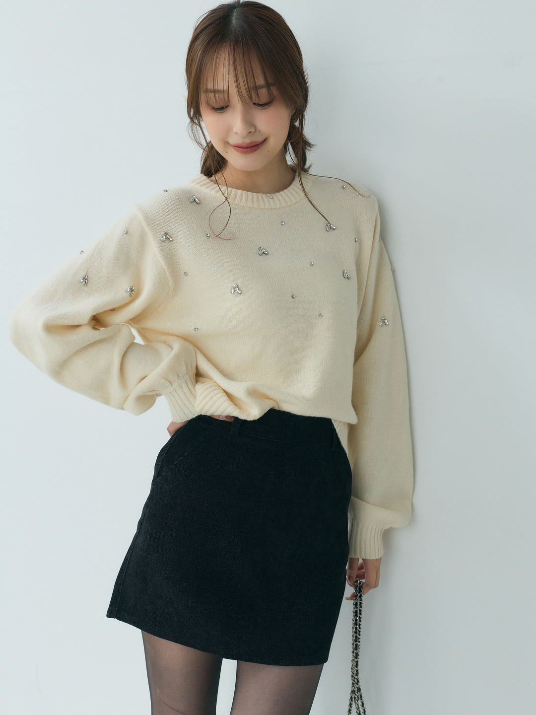 【SET】ビジューニットトップス+ベロアミニスカート(2set)