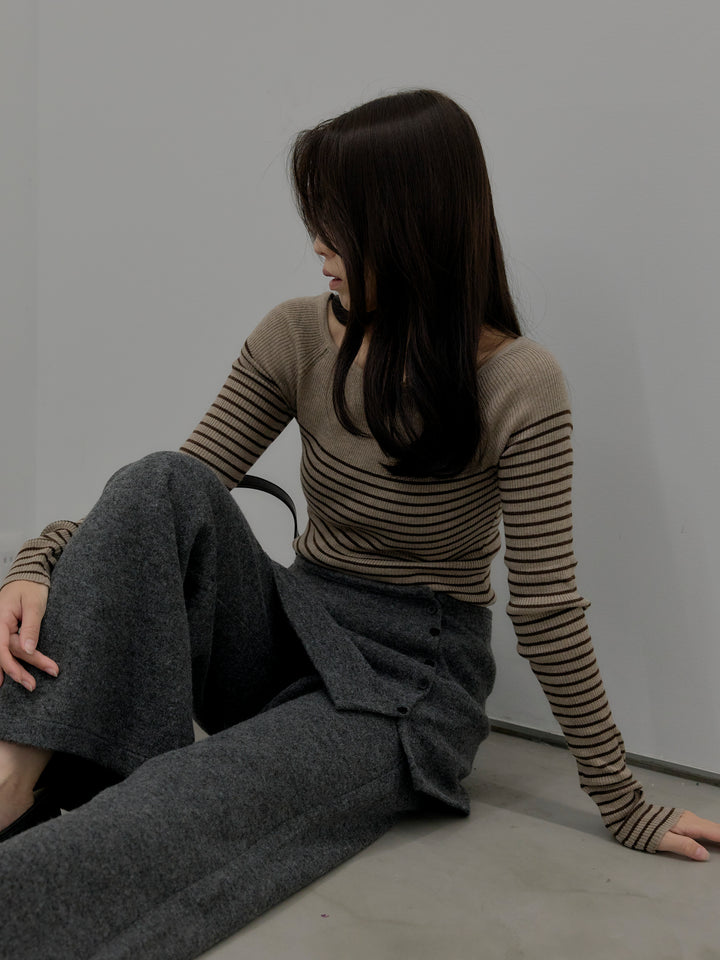 【SET】ハーフボーダーニットトップス+ミックスヤーンニットラップパンツ(2set)