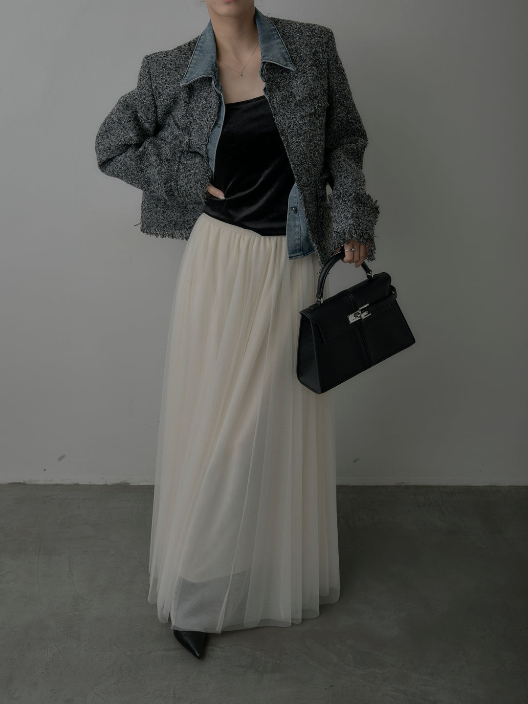 【SET】デニムドッキングオーバーサイズツイードジャケット+ボリュームチュールスカート(2set)