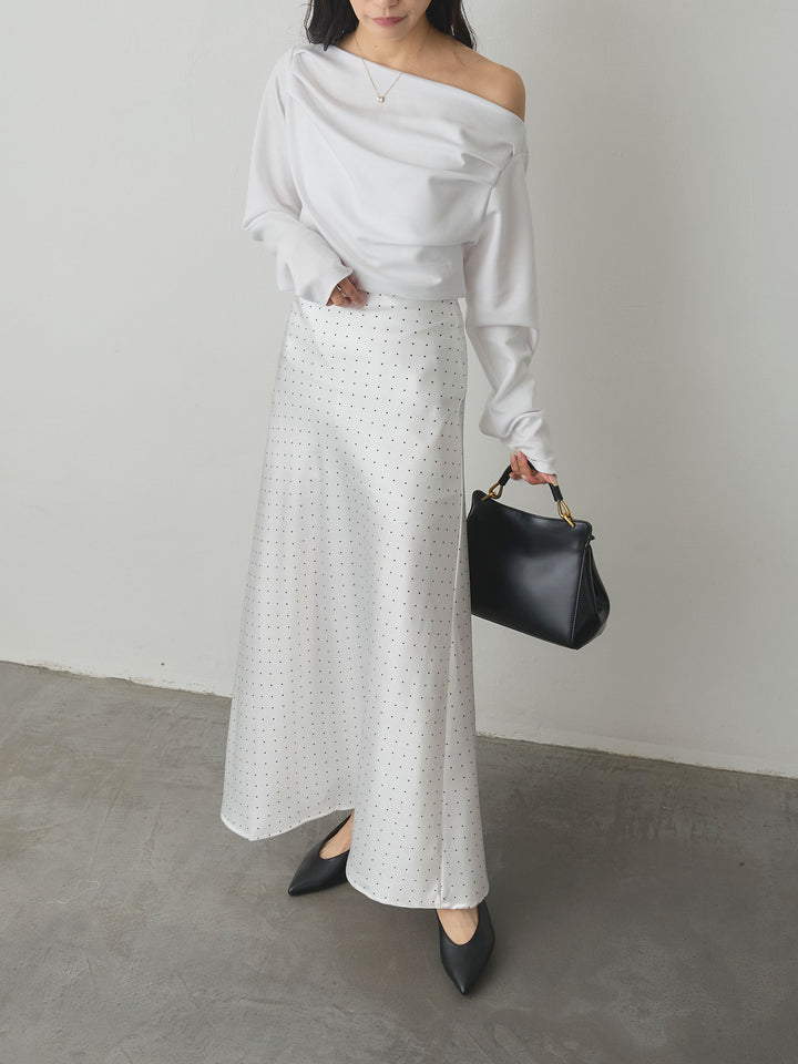 【SET】【Essential】2wayショルダードレープカットトップス+ドットサテンスカート(2set)