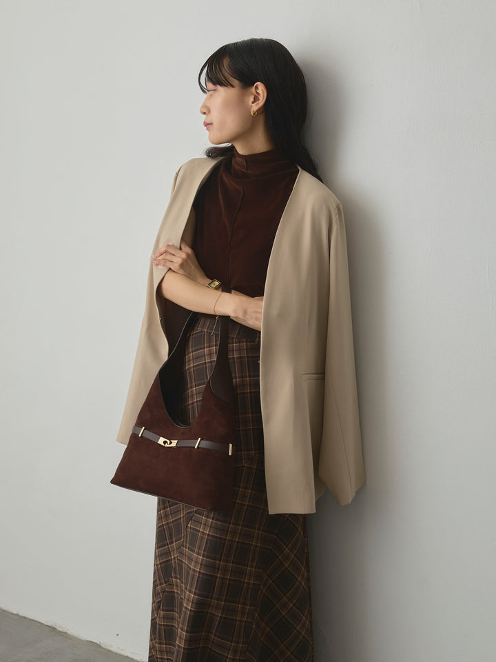 【SET】【Essential】フロントホックノーカラージャケット+クラシカルチェックパネルスカート(2set)